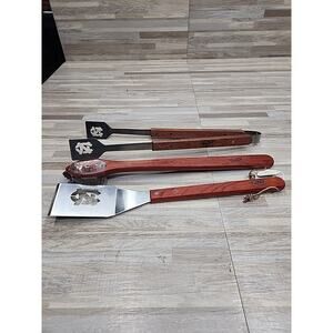 UNC Tarheels BBQ Grill Tool Set Wood & Metal 3-Piece Spatula, Tongs, & Brush